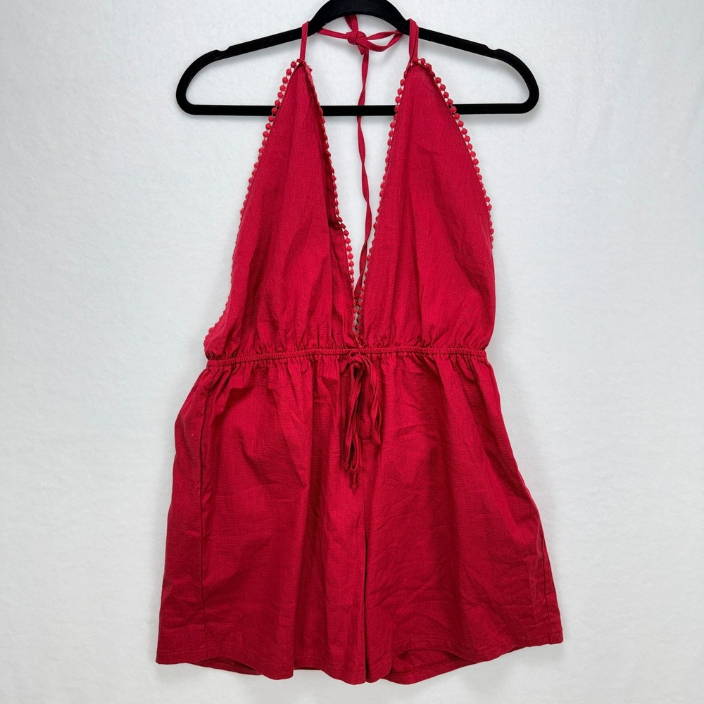 ForeFair Halter Romper S 100% Cotton Red Boho Summer Festival Beachy Sexy V-Neck